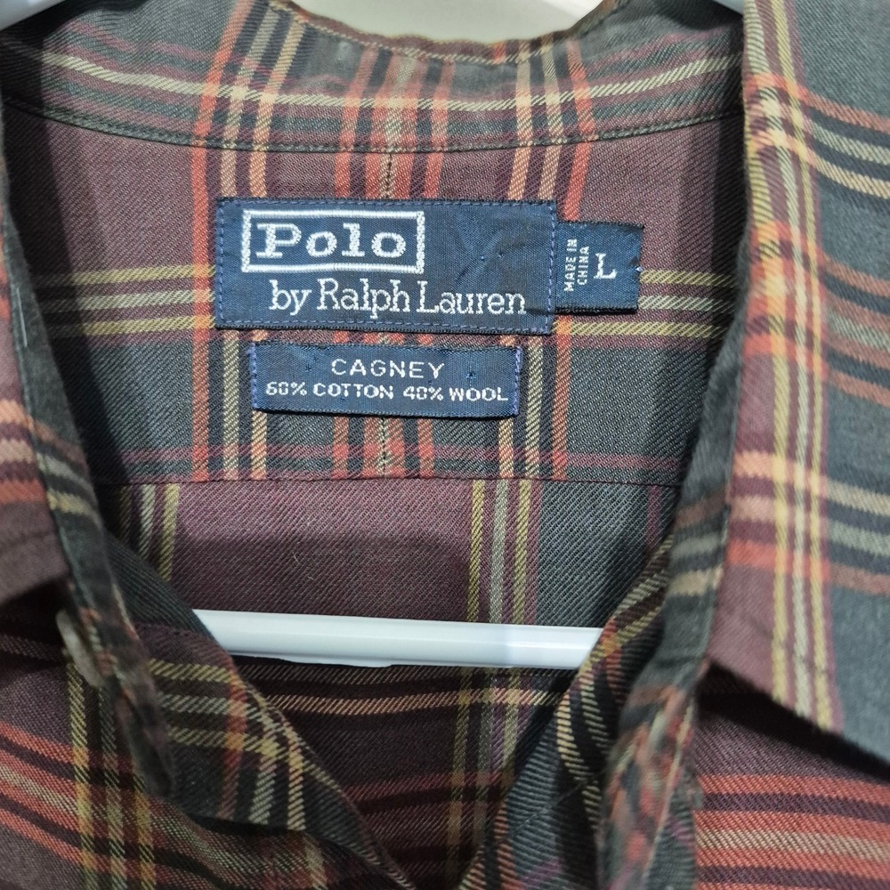 Polo Ralph Lauren Cagney Mens Large Plaid Cotton Wool Button Down Shirt Burgundy - Picture 4 of 5
